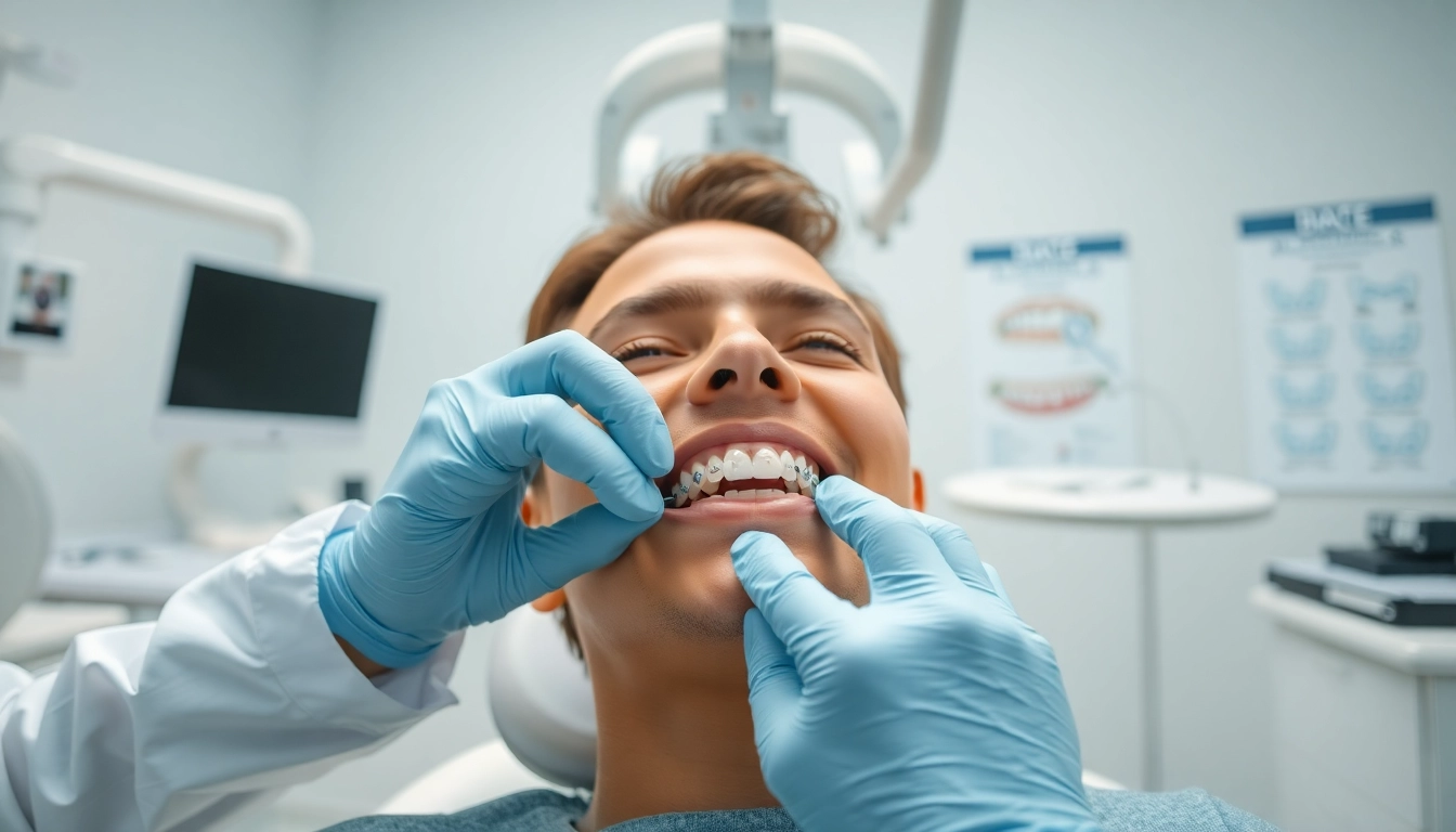 Orthodontist fitting braces Myrtle Beach in a modern dental clinic with professional tools.