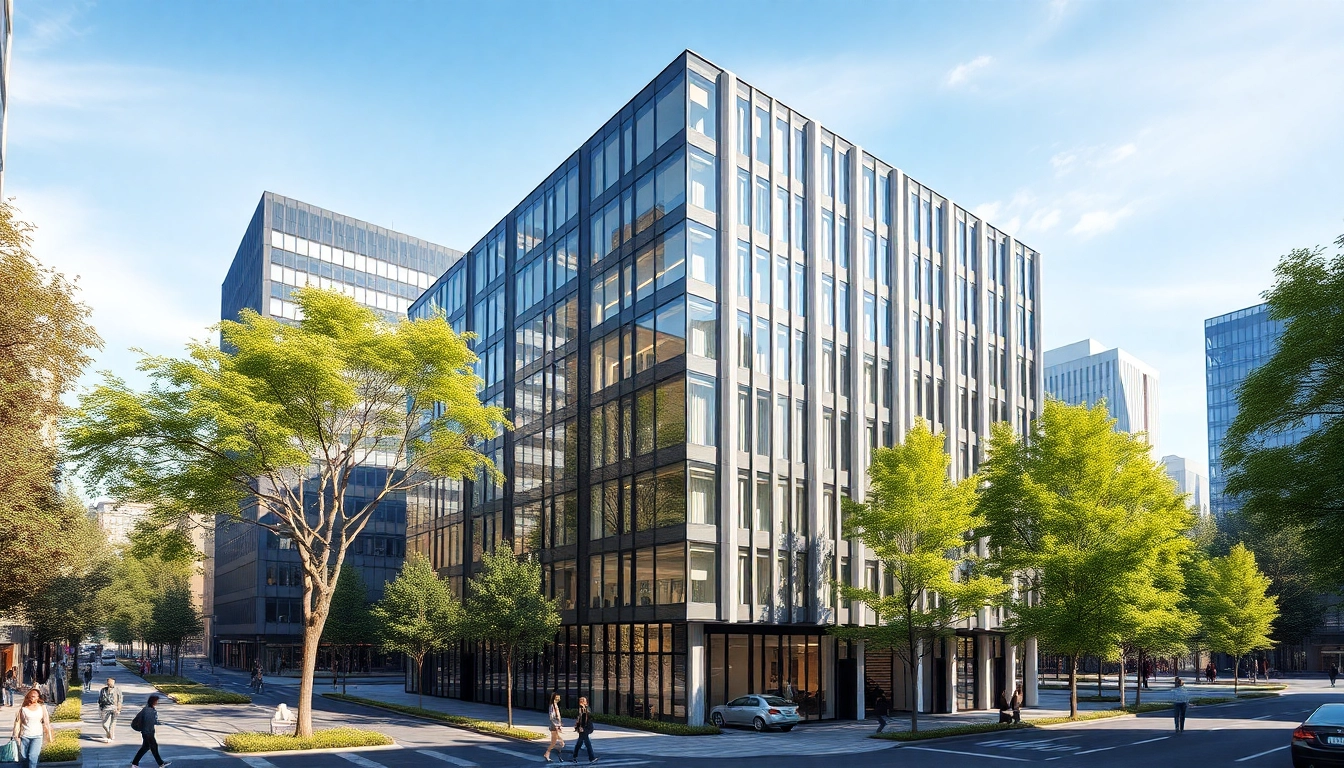 Architekturvisualisierung eines modernen Gebäudes, das innovative Designmerkmale in urbaner Umgebung zeigt.